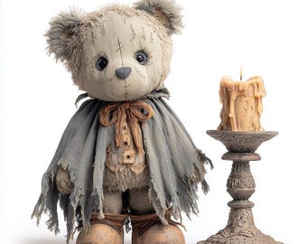 Ghost Bear, Candlelight Toy, Gothic Teddy, Haunted Plush, Halloween Bear, Spooky Stuffed Toy, Patchwork Bear, Worn Teddy Bear, Candle Prop