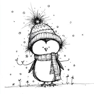 May include: A whimsical black and white illustration of a penguin wearing a knit hat and scarf. The penguin is drawn with expressive eyes and is surrounded by falling snowflakes. The penguin is standing on a snowy ground.