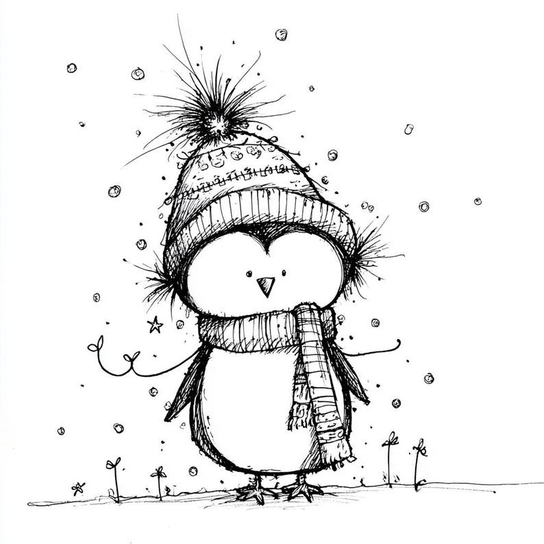 May include: A whimsical black and white illustration of a penguin wearing a knit hat and scarf. The penguin is drawn with expressive eyes and is surrounded by falling snowflakes. The penguin is standing on a snowy ground.