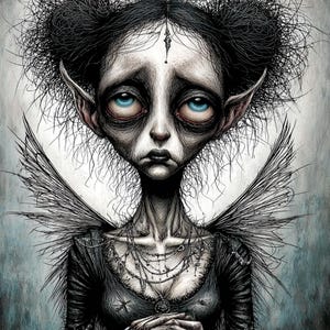 Hada gótica, fantasía oscura, arte de hadas tristes, alas melancólicas, muñeca gótica, duende espeluznante, belleza inquietante, pintura de hadas, hada no muerta, imagen jpg