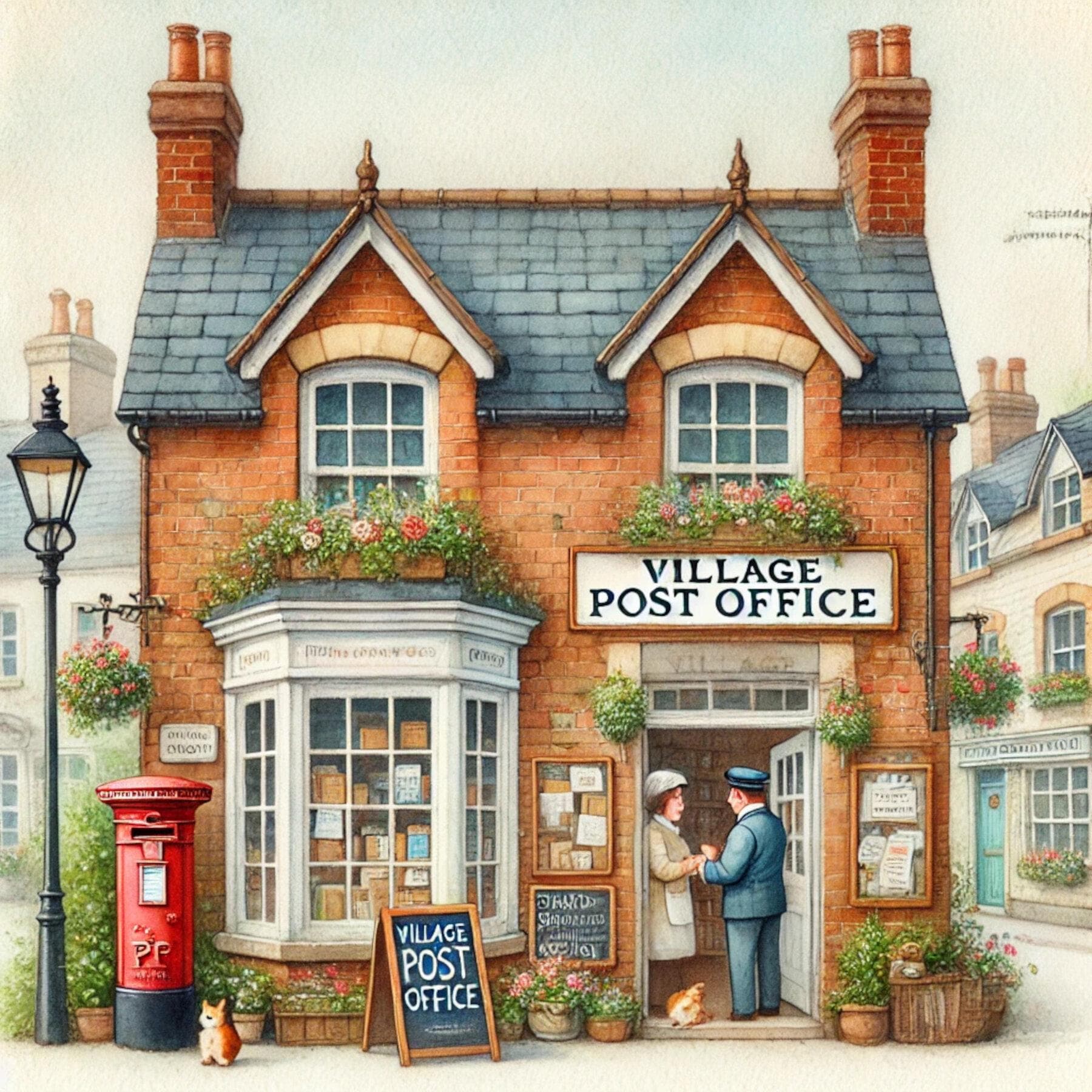 Das Dorf Post, Aquarell Illustration, charmante Stadt Szene, nostalgische Post Geschäft, wunderliche Laden, Schaufenster, JPG Bilder