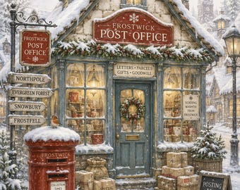 Peut inclure: Une scène enneigée montrant le bureau de poste de Frostwick avec une boîte aux lettres rouge au premier plan. Le bâtiment porte l'enseigne Frostwick Post Office, une couronne sur la porte et des colis empilés sur un traîneau en bois.