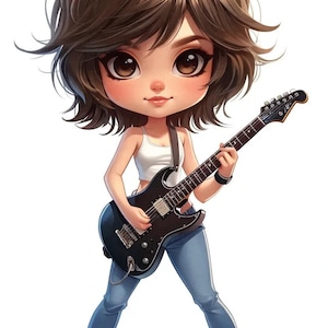 8 filles lunatiques rockstar, rock and roll, chibi, kawaii, chant, danse, guitare électrique, clipart JPG, musicien,