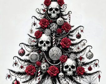 May include: A stylized Christmas tree decorated with skulls, red roses, spider ornaments, and spiderwebs. The tree has a black and white color scheme with red accents. The tree is a unique and gothic holiday decoration.