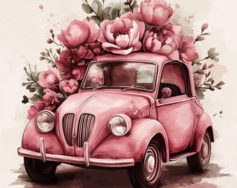 ブルームモービル、ピンクの車のクリップアート、花の車のアート