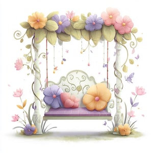 whimsical swing, floral swing, garden swing, fantasy garden, botanical art, spring decor, nature print, cottagecore, garden artwork