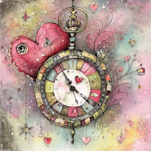 Puede incluir: Ilustración en acuarela de un reloj de bolsillo con esfera en forma de corazón y un gran corazón a la izquierda. El reloj tiene una esfera colorida con un corazón en el centro. El fondo es una suave mezcla de rosa, amarillo y azul con corazones y estrellas flotantes.