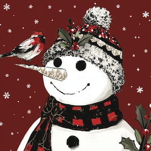 雪だるまアート、冬のプリント、赤いチェック柄のスカーフ、クリスマスの鳥、フロスティな装飾、ホリデーの雪だるま、カーディナルアート、素朴な冬、かわいい雪景色