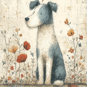 May include: An illustrated dog with blue and white fur sits among colorful wildflowers. The artwork has a textured, vintage feel, with a neutral background and a patchwork-style base. The dog is the focal point, with a thoughtful expression.
