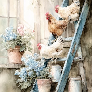 May include: Watercolor painting of three chickens on a weathered blue ladder. The chickens, in shades of brown and white, are perched near potted plants with blue and pink flowers. The scene is set against a window and a rustic wall.