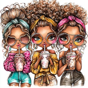 Mejores amigas, chicas lindas, ojos grandes, batido, colores pastel, estilo caricatura, lunares, gafas grandes, moda divertida, arte kawaii, imágenes JPG