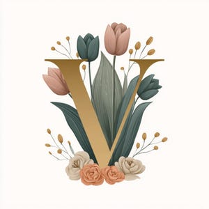 Letras florales, monograma dorado, letra del alfabeto, arte de letras, alfabeto botánico, fuente floral, letra tulipán, arte inicial, letras elegantes, archivos JPG