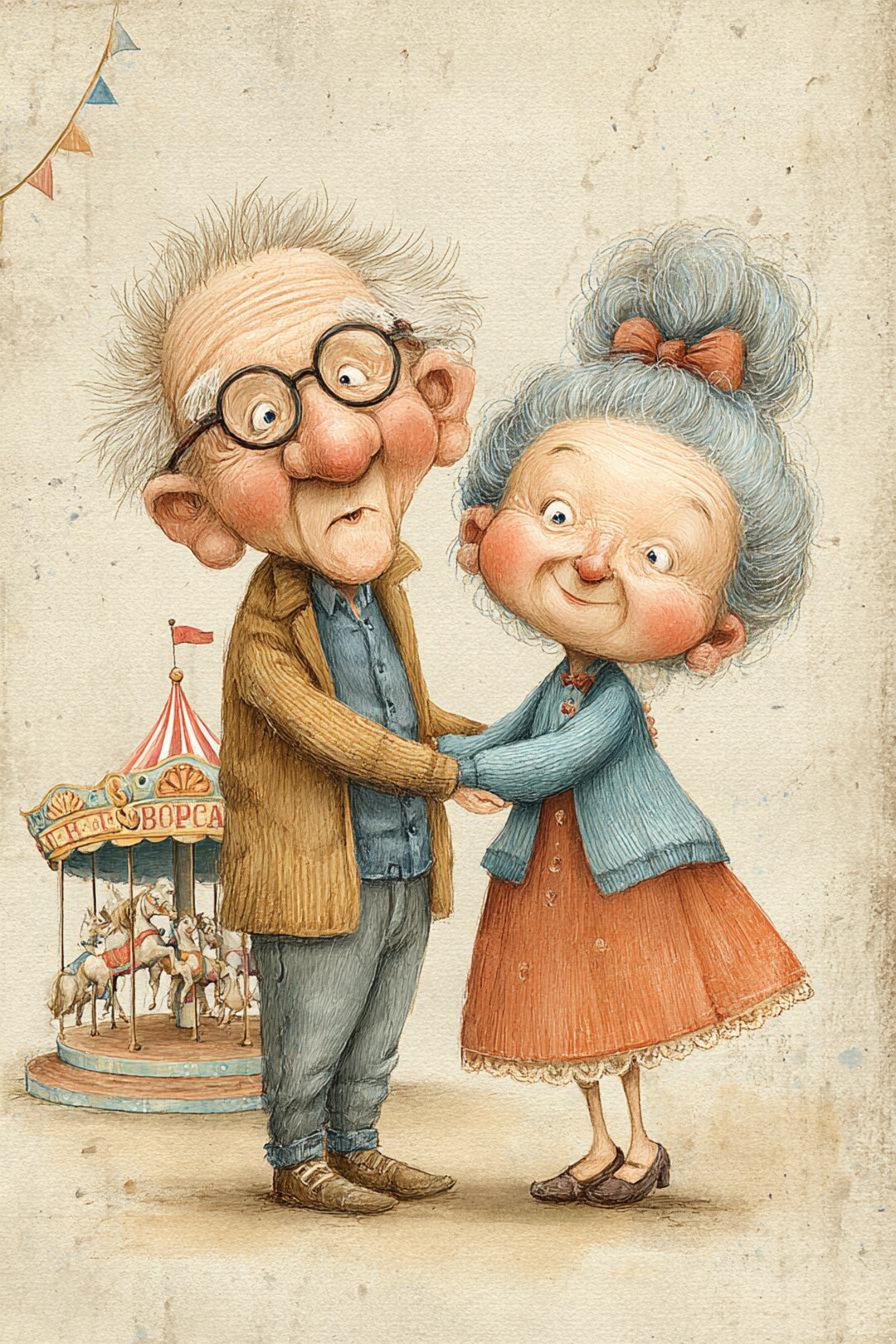 Fairground Love, Vintage Couple, Carousel Ride, Whimsical Art, Retro