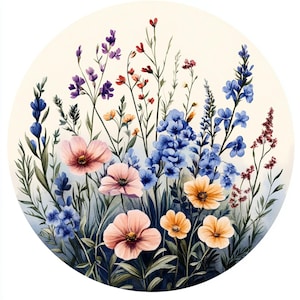 Art floral sauvage, cercle floral, bleu botanique, fleurs d'été, art floral bohème, art mural nature, affiche de jardin, bouquet pastel,