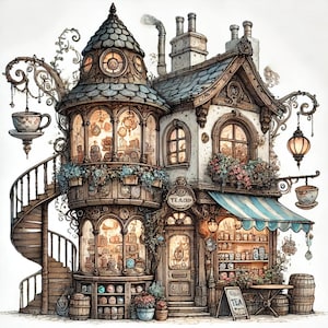 Loja de chá caprichosa, loja de chá, café de chá, chá de ervas, loja de chai, decoração de chá, interior de chá, folhas soltas, clipart de loja de chá, imagens JPG
