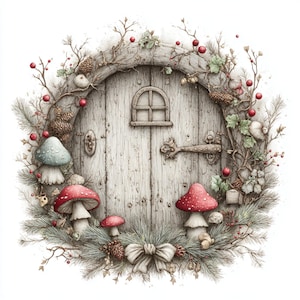 Porte fantaisiste, oeuvre d'art pour porte de fée, couronne de champignons vénéneux, chalet d'automne, entrée de la forêt, décoration champignon, style boisé, charme rustique, portail confortable
