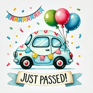 Nieuwe bestuurder, rijexamen, rijbewijs, nieuwe bestuurder clipart, rijbewijskunst, afbeeldingen eerste auto, roadtripkunst, JPG-afbeeldingen