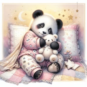 Babypanda 1, grillige panda, knusse pyjama, kunst voor het slapengaan, schattige aquarel, dromerige vibes. grillige clipart, JPG-afbeeldingen,
