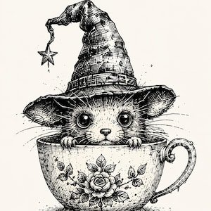 May include: A black and white illustration of a small creature wearing a witch's hat and sitting in a teacup. The teacup is decorated with a floral design. A star hangs from the hat.