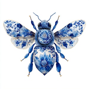 Abeille chinoiserie, motif floral d'abeille, abeille en porcelaine, impression d'abeille indigo, art d'insecte élégant, art d'abeille de Delft, décor bleu blanc, art d'abeille bleue, abeille JPG