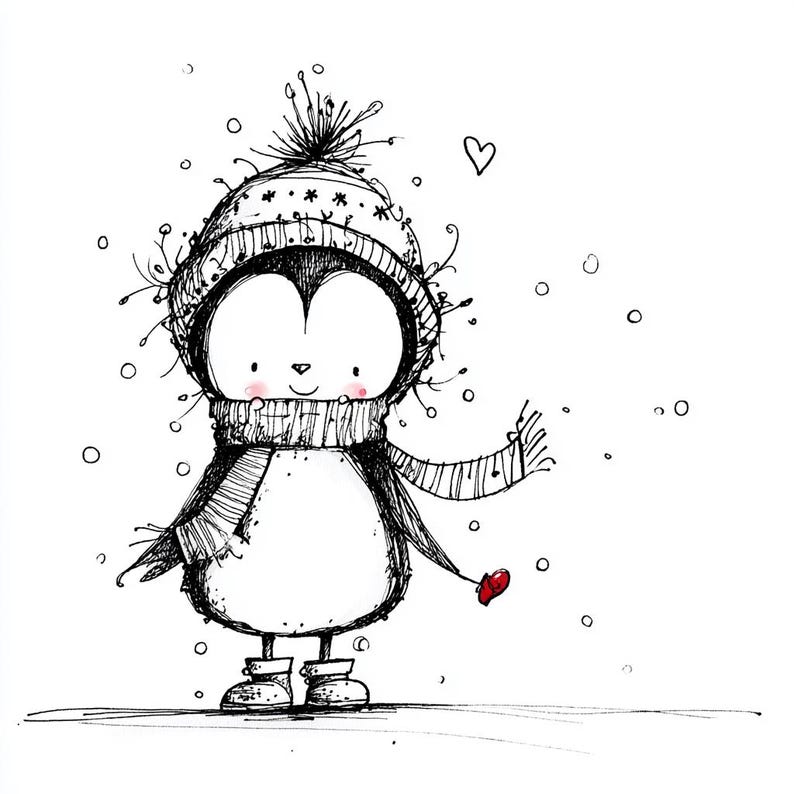 May include: A whimsical black and white illustration of a penguin wearing a winter hat, scarf, and boots. The penguin has rosy cheeks and a red mitten. Snowflakes and a heart float in the background, creating a cozy, wintery scene.