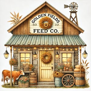 Negozio di mangimi agricoli, clipart del negozio agricolo, arte del negozio di mangimi, negozio rustico, fienile acquerello, mercato di campagna, negozio agricolo, arte del negozio del villaggio, immagini JPG