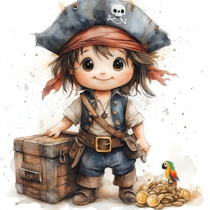 Pirata infantil, pirata fofo, baú de tesouro, pirata papagaio, ouro pirata, clipart de aventura, fantasia de pirata, arte infantil pirata, pirata excêntrico