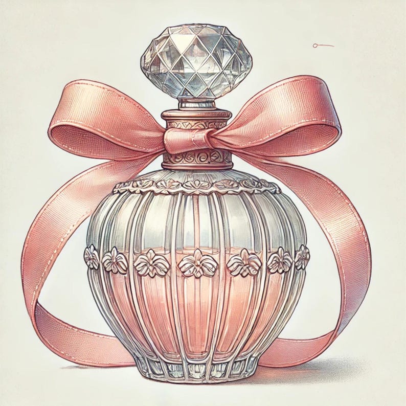 May include: A vintage-style glass perfume bottle with a pink ribbon bow and a crystal-like stopper. The bottle has a delicate, ornate design and is filled with a pink liquid.