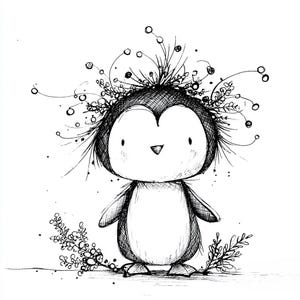 May include: A black and white pen and ink illustration of a penguin with a whimsical floral crown. The penguin has a round body, small wings, and is standing upright. Delicate sprigs of foliage are at the base.