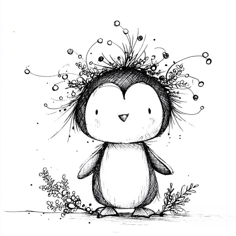 May include: A black and white pen and ink illustration of a penguin with a whimsical floral crown. The penguin has a round body, small wings, and is standing upright. Delicate sprigs of foliage are at the base.