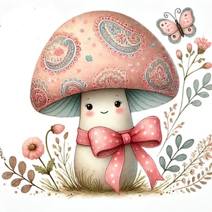 Champignons cachemire, aquarelle, champignon mignon, décoration pastel, impression fantaisiste, art de conte de fées, mur de chambre d'enfant, art botanique, images JPG