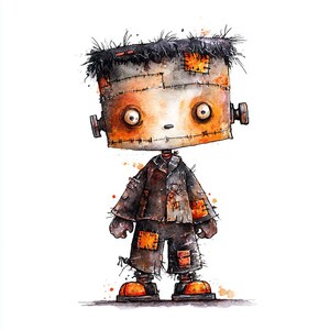 May include: Watercolor illustration of a Frankenstein-like character. The figure has a square head with visible stitches, orange accents, and black hair. The character wears a patched-up black coat and pants, with orange shoes. The overall theme is Halloween.