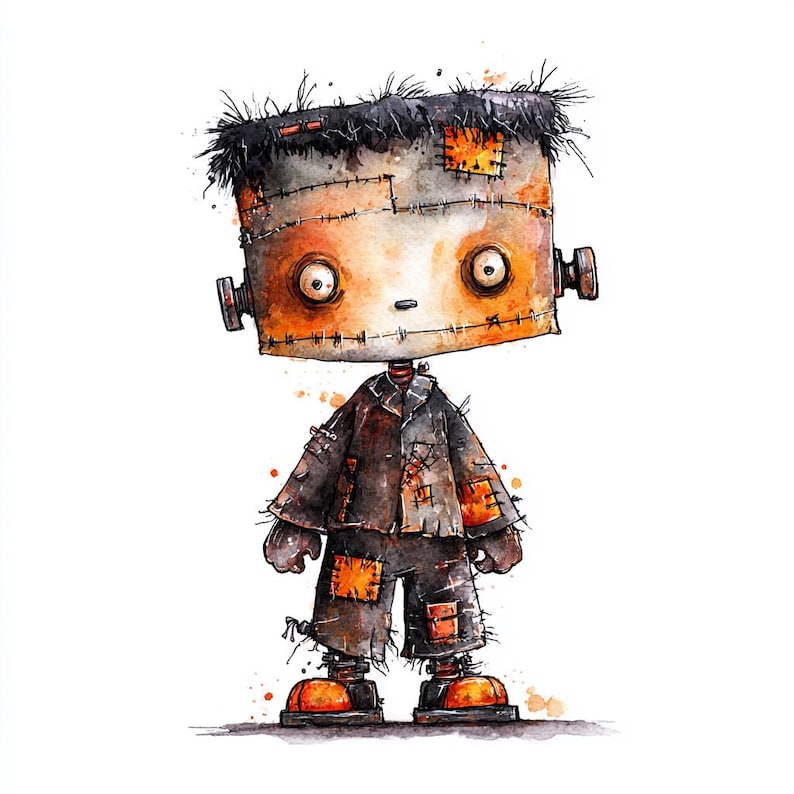 May include: Watercolor illustration of a Frankenstein-like character. The figure has a square head with visible stitches, orange accents, and black hair. The character wears a patched-up black coat and pants, with orange shoes. The overall theme is Halloween.