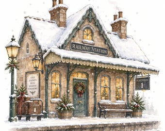 Peut inclure: Une gare en pierre couverte de neige avec une enseigne RAILWAY STATION et un panneau suspendu PLATFORM 1. Une affiche murale porte l'inscription GOOD JOURNEYS BRING BRIGHTER TOMORROWS. La scène comprend un banc, des bagages et des lanternes.