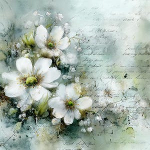 White Floral CLIPART, Vintage Watercolor Flowers, Soft Botanical Illustration, Antique Script Floral Background