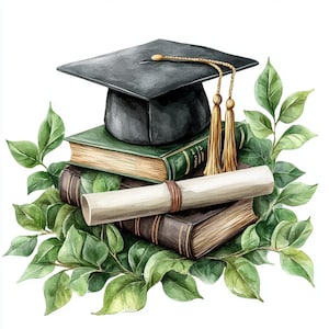 Abschluss-Hut, Diplom-Rolle, Bücher und Blätter, Botanische Abschluss-Kunst, Abschluss-Clipart, Natur-Abschluss, Bücher-Stapel-Kunst, Laub-Diplom