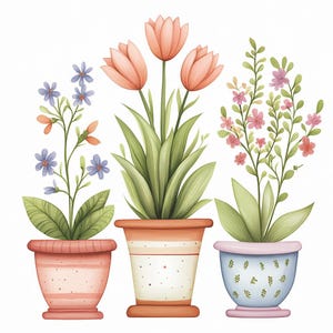 May include: Watercolor illustration of three potted plants. The first pot has blue flowers, the second has peach tulips, and the third has pink flowers. The pots are in shades of peach, white, and blue.
