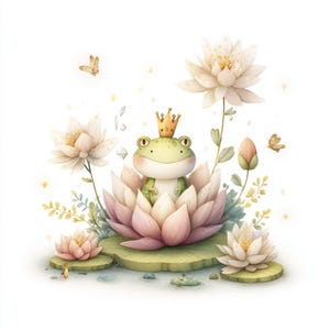 príncipe sapo, sapo coroado, sapo de lótus, sapo em flor, arte com nenúfar, sapo de lagoa, sapo fada, sapo flor, estampa de sapo, sapo fada, imagens jpg