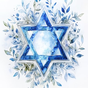 May include: A blue watercolour illustration of a Star of David surrounded by blue and green leaves.