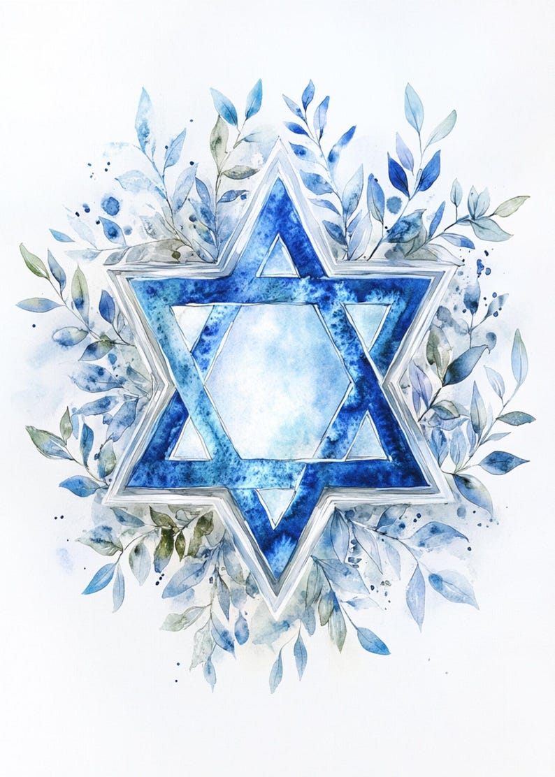 May include: A blue watercolour illustration of a Star of David surrounded by blue and green leaves.
