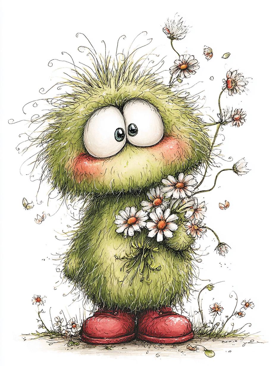 Green Flower Monster CLIPART, Fluffy Spring Creature, Whimsical Garden ...