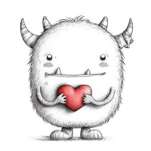 Puede incluir: Ilustración de un monstruo peludo y amigable sosteniendo un corazón rojo. El monstruo es blanco con sombreado negro, cuernos y pequeños colmillos. Una pequeña criatura está en su cabeza. Estilo dibujado a mano.