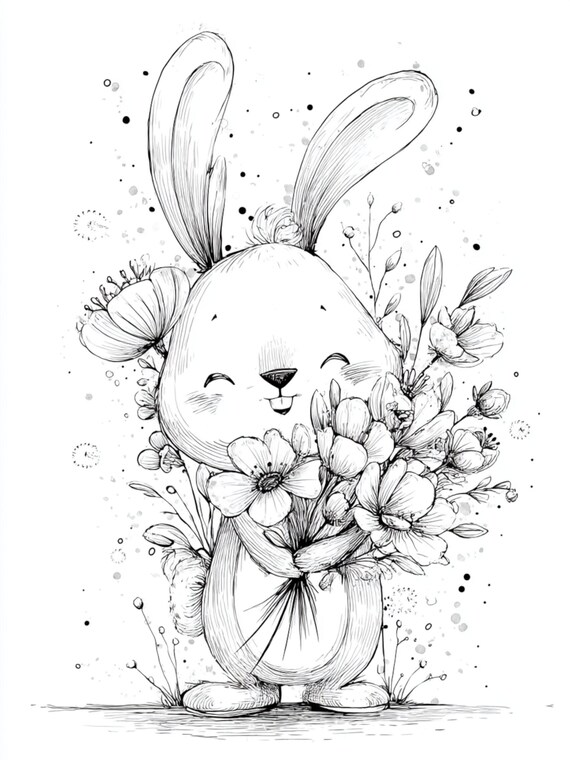 Bouquet Bunnies, cute bunny art, flower bunny print, spring bunny art, kids coloring sheet, floral rabbit art, happy bunny line art, JPGs