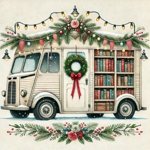 Mobile library, festive reading, book van art, reading nook art, book cart clipart, story time, bookshelf clipart, JPG images