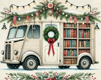 Mobile library, festive reading, book van art, reading nook art, book cart clipart, story time, bookshelf clipart, JPG images