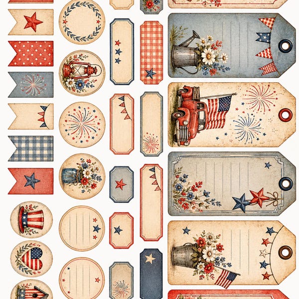 Americana Tag Bundle CLIPART, Patriotic Ephemera Tags, Vintage Fourth Of July Labels, Rustic USA Journal Cards, Scrapbook Printables