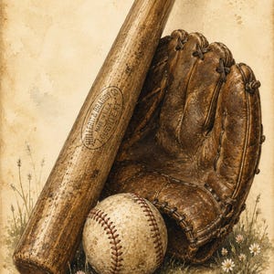 Può includere: Una mazza da baseball in legno con il testo Hillerich & Bradsby Co. Made in U.S.A. Louisville, KY, un guantone da baseball in pelle marrone e una pallina da baseball bianca con cuciture rosse su un terreno con piccoli fiori bianchi ed erba.
