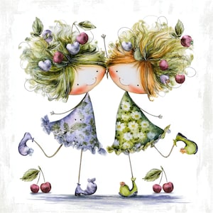 Cherry Blossom Friends, art de filles de cerisier, art de fruits mignons, filles fantaisistes, art de cheveux fruités, illustration ludique, art de meilleurs amis, JPG