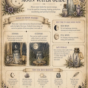 May include: A Moon Water Guide poster featuring vintage-style illustrations of a crescent moon, glass bottles, crystals, and herbs. The text explains moon water, how to make it indoors or outdoors, storage tips, and instructions for best results.