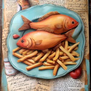 Vintage Fisch und Chips CLIPART, Küstenpub Teller Illustration, Junk Journal Food Kunst, rustikale Fisch und Gemüse Collage Design